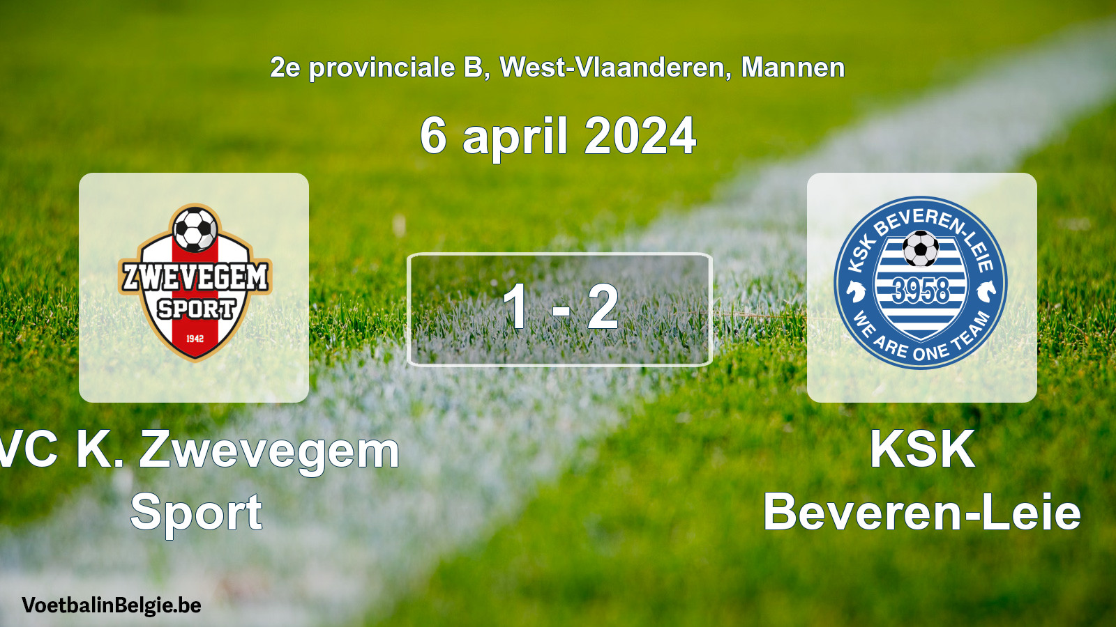 Gespeelde wedstrijd mannenvoetbal: VC K. Zwevegem Sport - KSK Beveren-Leie 1 - 2 (6 april 2024)