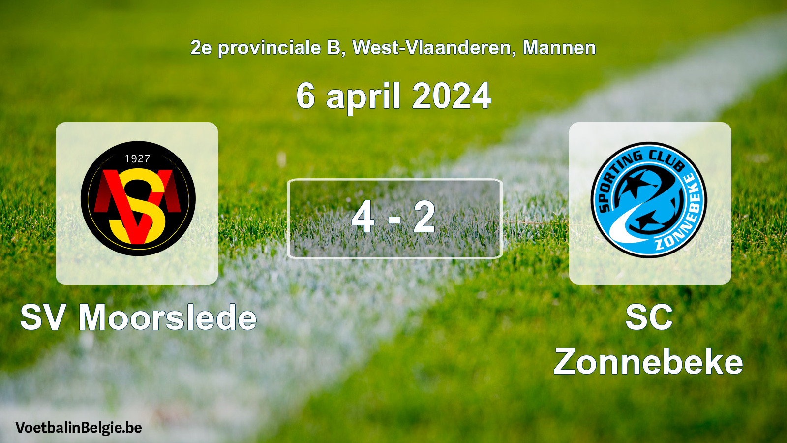Gespeelde wedstrijd mannenvoetbal: SV Moorslede - SC Zonnebeke 4 - 2 (6 april 2024)