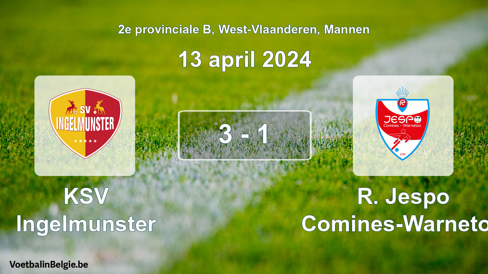 Gespeelde wedstrijd mannenvoetbal: KSV Ingelmunster - R. Jespo Comines-Warneton 3 - 1 (13 april 2024)