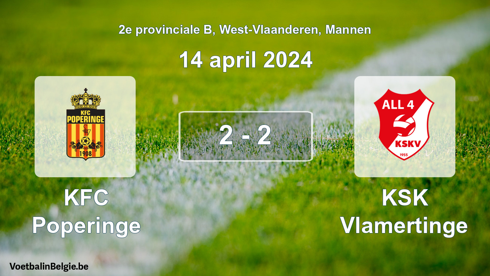 Gespeelde wedstrijd mannenvoetbal: KFC Poperinge - KSK Vlamertinge 2 - 2 (14 april 2024)