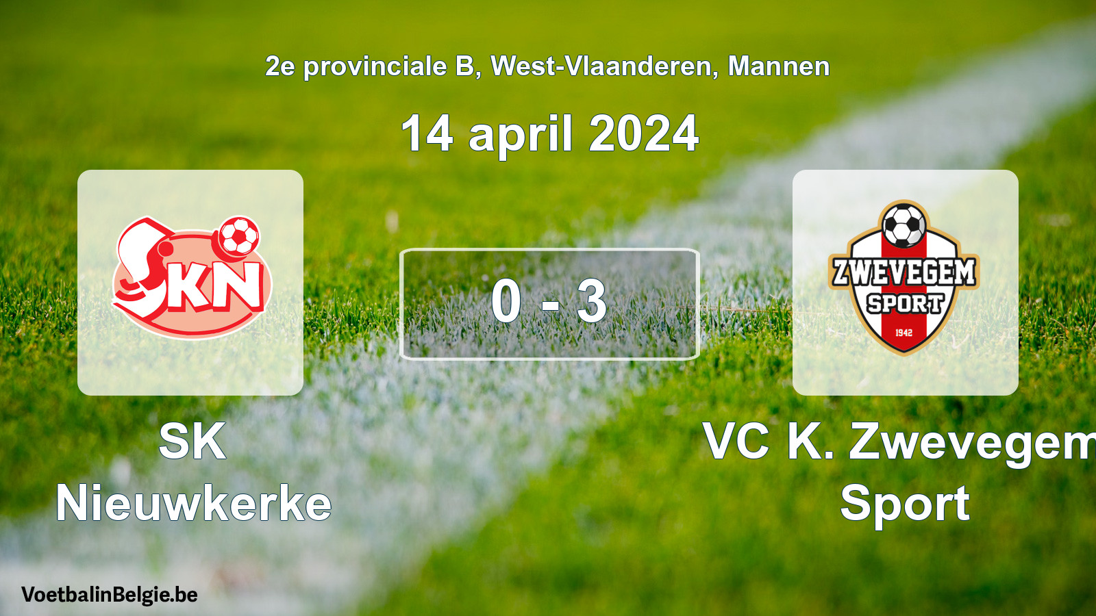 Gespeelde wedstrijd mannenvoetbal: SK Nieuwkerke - VC K. Zwevegem Sport 0 - 3 (14 april 2024)
