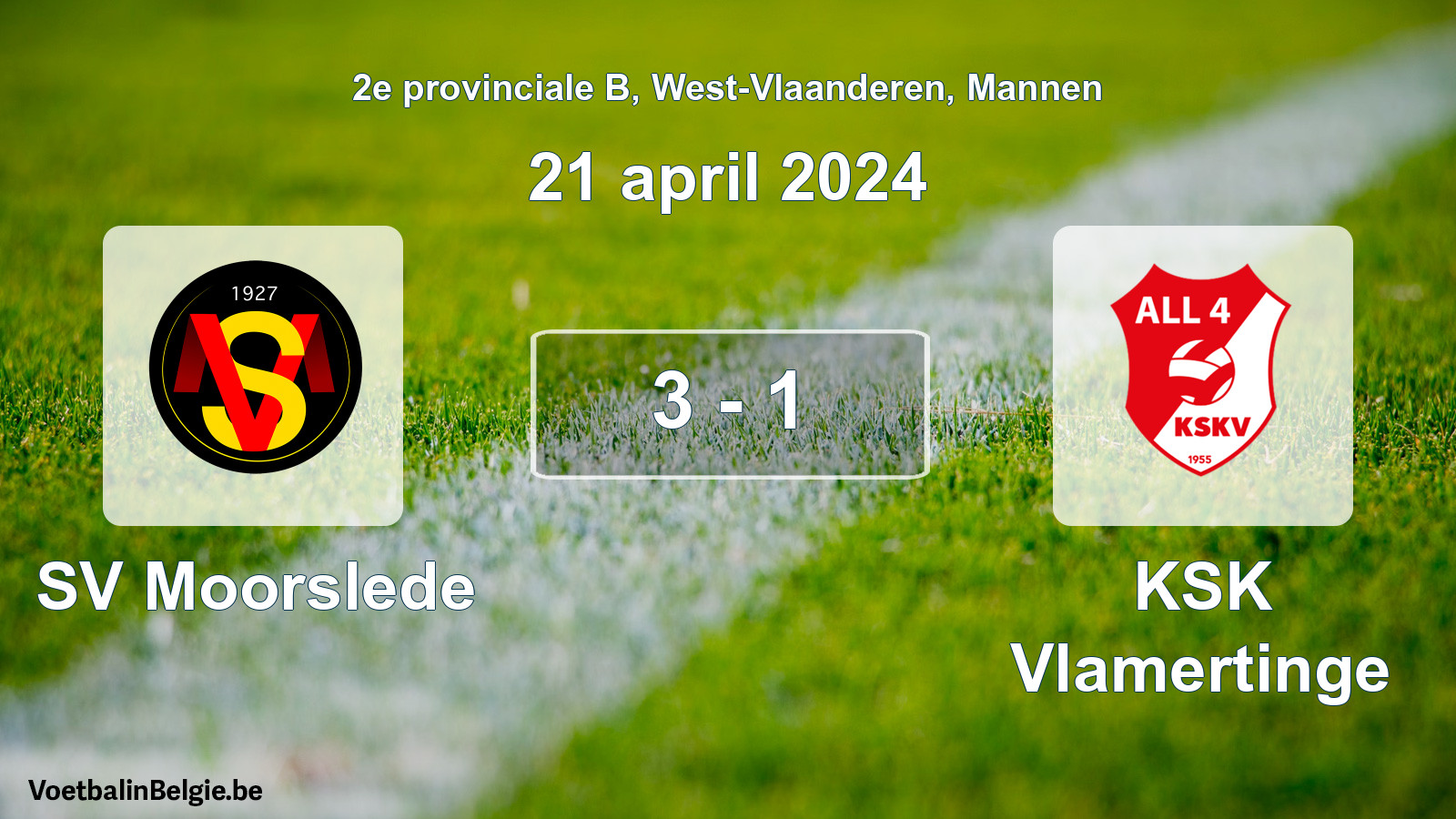 Gespeelde wedstrijd mannenvoetbal: SV Moorslede - KSK Vlamertinge 3 - 1 (21 april 2024)