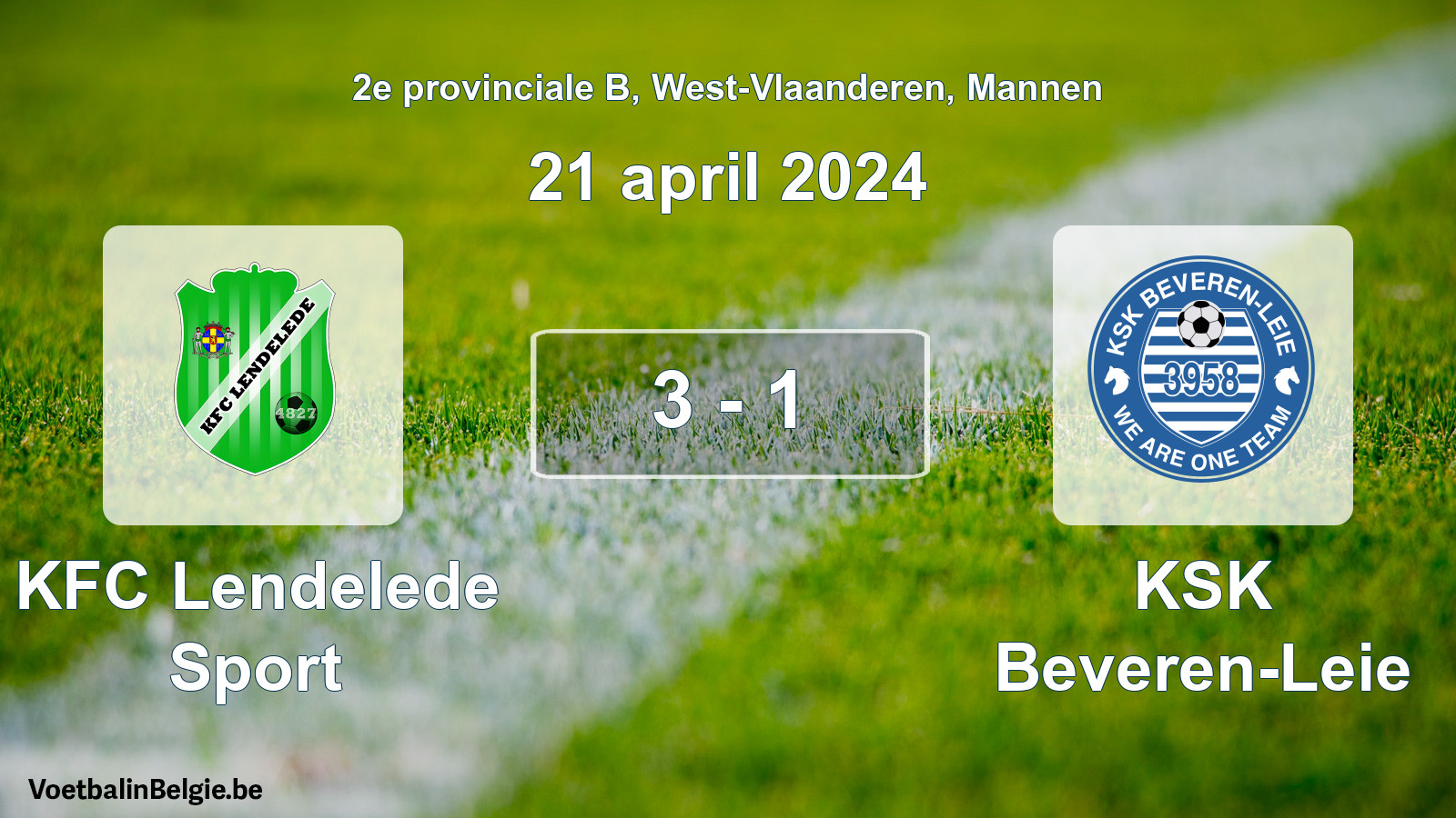 Gespeelde wedstrijd mannenvoetbal: KFC Lendelede Sport - KSK Beveren-Leie 3 - 1 (21 april 2024)