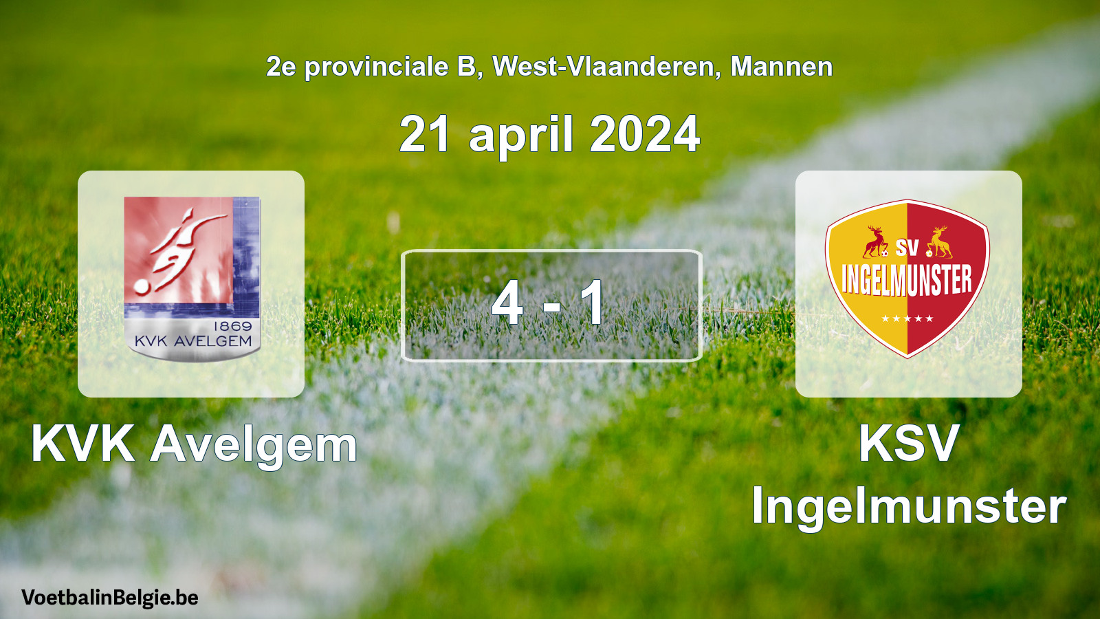 Gespeelde wedstrijd mannenvoetbal: KVK Avelgem - KSV Ingelmunster 4 - 1 (21 april 2024)