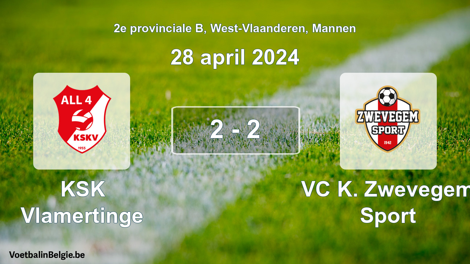 Gespeelde wedstrijd mannenvoetbal: KSK Vlamertinge - VC K. Zwevegem Sport 2 - 2 (28 april 2024)