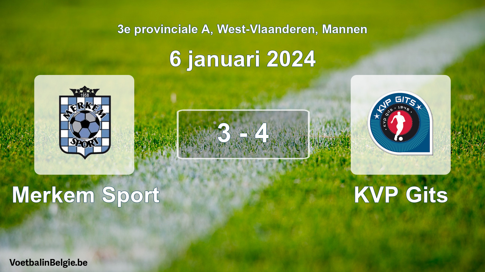 Gespeelde wedstrijd mannenvoetbal: Merkem Sport - KVP Gits 3 - 4 (6 januari 2024)