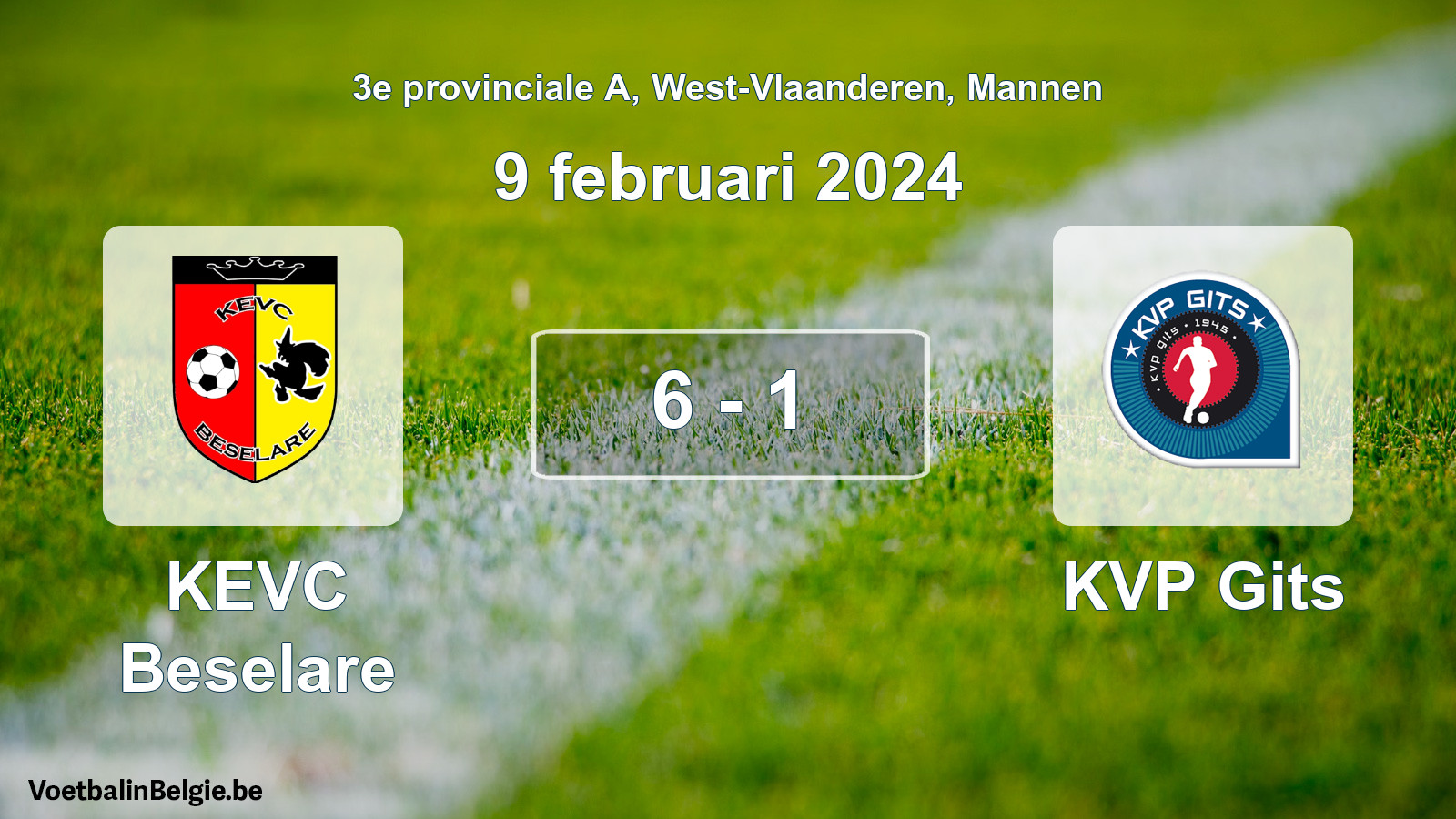 Gespeelde wedstrijd mannenvoetbal: KEVC Beselare - KVP Gits 6 - 1 (9 februari 2024)