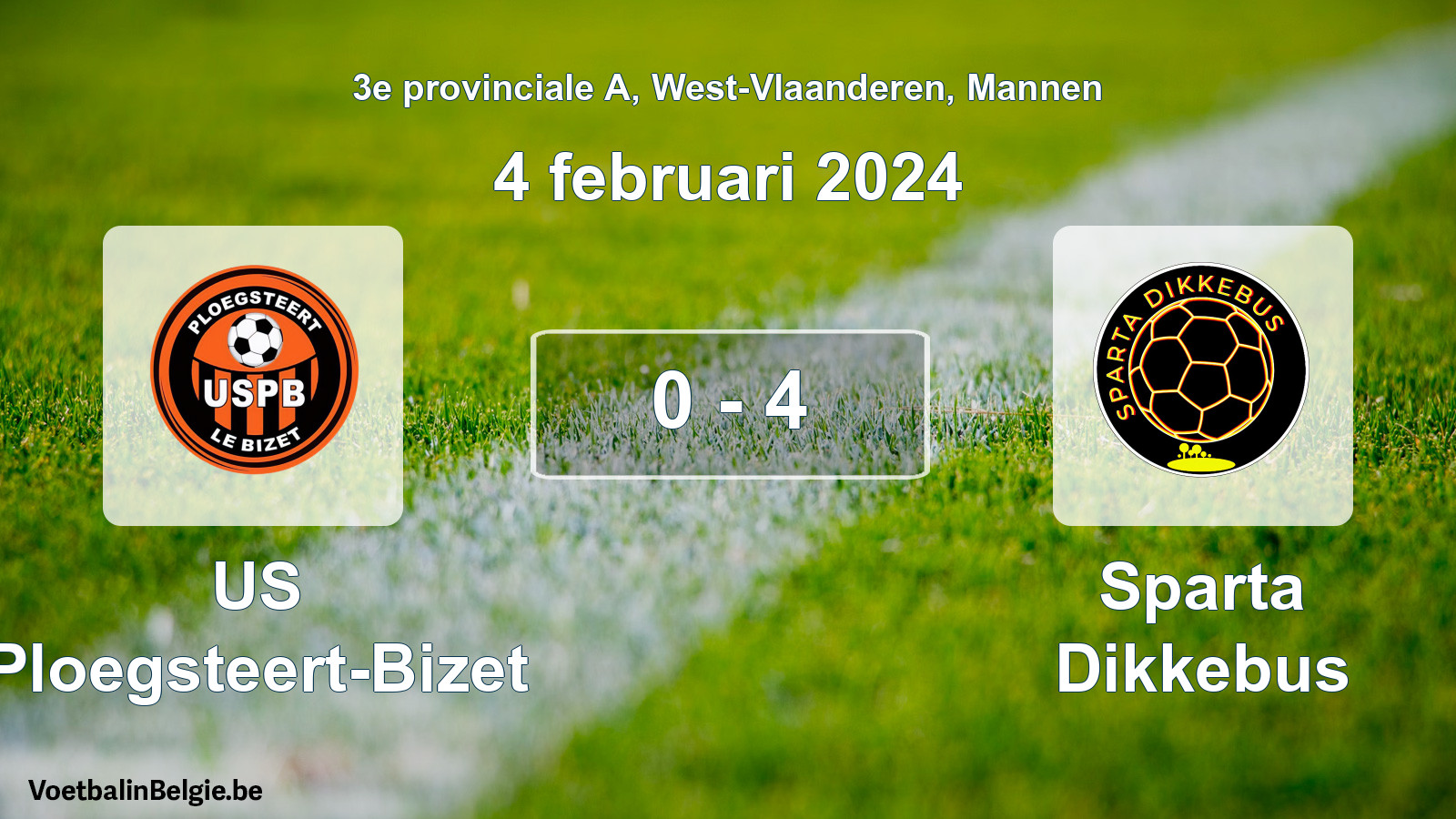 Gespeelde wedstrijd mannenvoetbal: US Ploegsteert-Bizet - Sparta Dikkebus 0 - 4 (4 februari 2024)