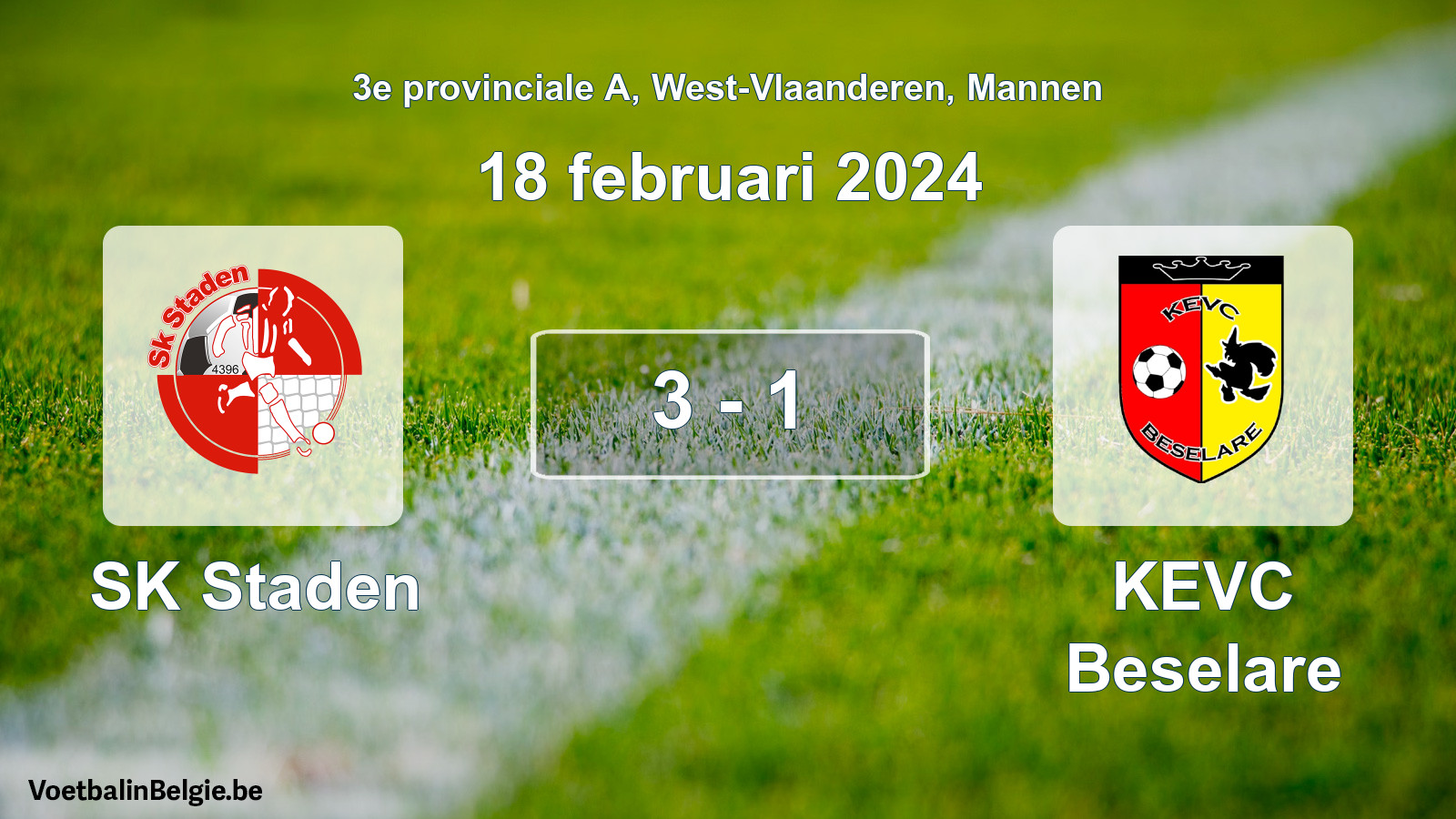 Gespeelde wedstrijd mannenvoetbal: SK Staden - KEVC Beselare 3 - 1 (18 februari 2024)