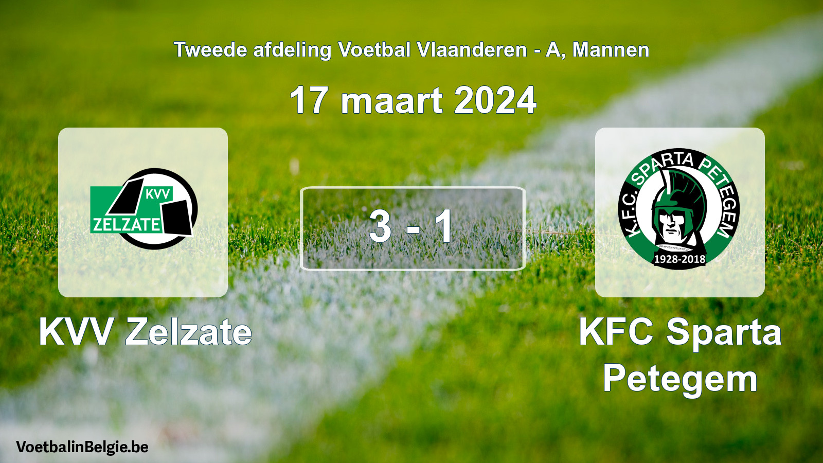 Gespeelde wedstrijd mannenvoetbal: KVV Zelzate - KFC Sparta Petegem 3 - 1 (17 maart 2024)