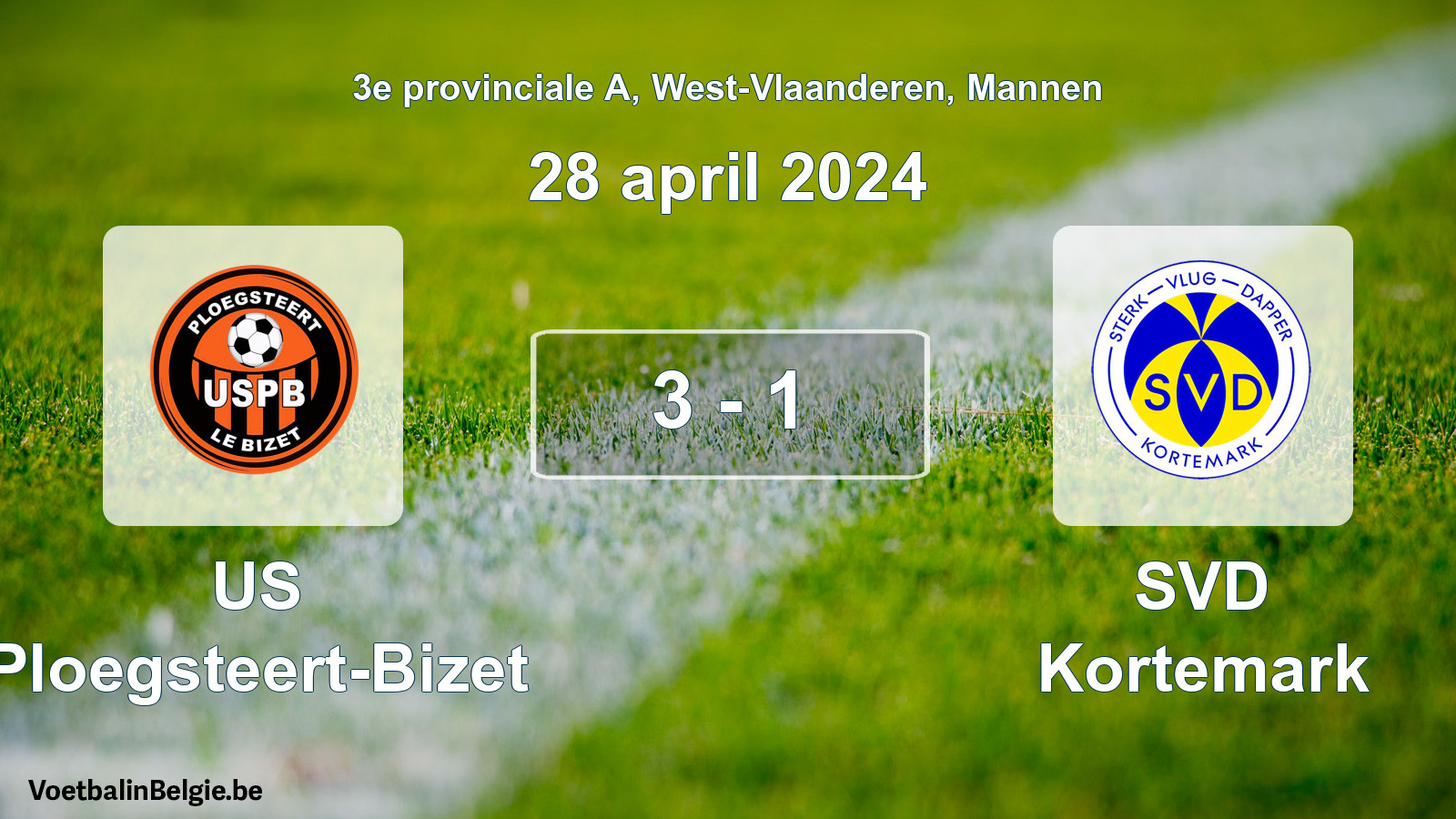 Gespeelde wedstrijd mannenvoetbal: US Ploegsteert-Bizet - SVD Kortemark 3 - 1 (28 april 2024)