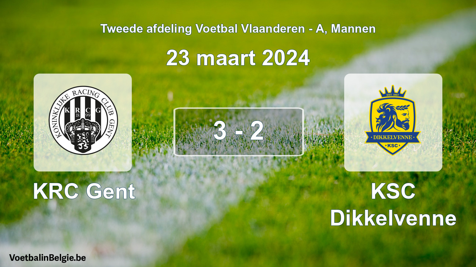 Gespeelde wedstrijd mannenvoetbal: KRC Gent - KSC Dikkelvenne 3 - 2 (23 maart 2024)