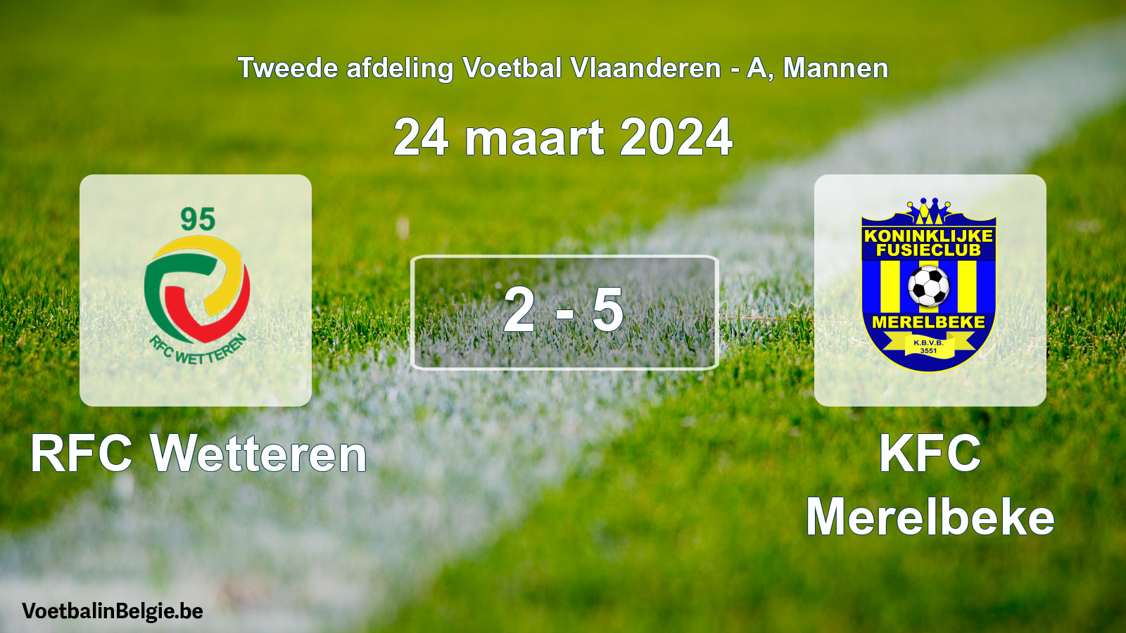 Gespeelde wedstrijd mannenvoetbal: RFC Wetteren - KFC Merelbeke 2 - 5 (24 maart 2024)