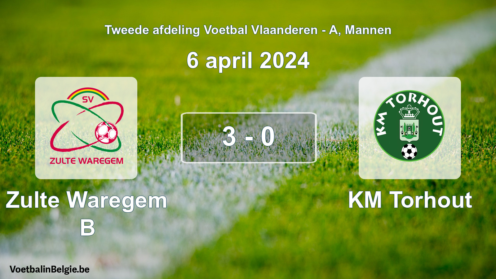 Gespeelde wedstrijd mannenvoetbal: Zulte Waregem B - KM Torhout 3 - 0 (6 april 2024)