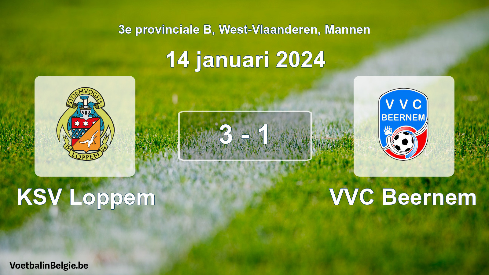 Gespeelde wedstrijd mannenvoetbal: KSV Loppem - VVC Beernem 3 - 1 (14 januari 2024)