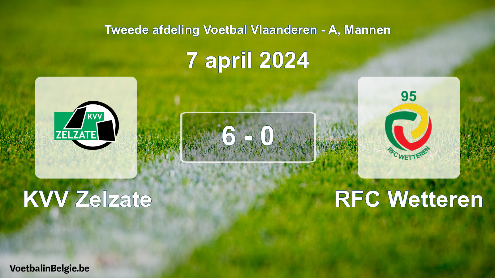 Gespeelde wedstrijd mannenvoetbal: KVV Zelzate - RFC Wetteren 6 - 0 (7 april 2024)