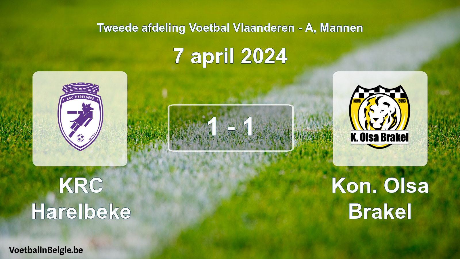 Gespeelde wedstrijd mannenvoetbal: KRC Harelbeke - Kon. Olsa Brakel 1 - 1 (7 april 2024)