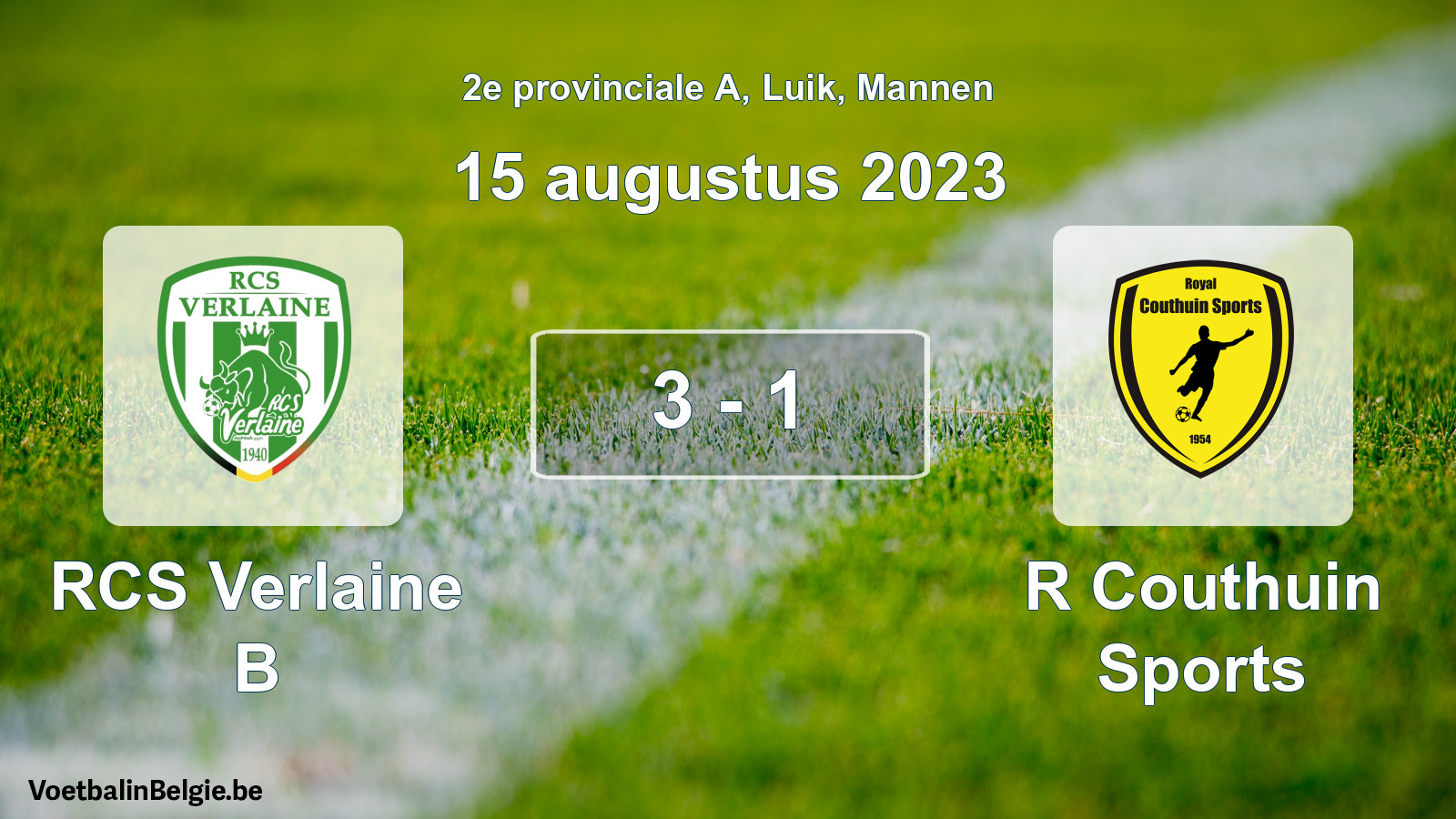 Gespeelde wedstrijd mannenvoetbal: RCS Verlaine B - R Couthuin Sports 3 - 1 (15 augustus 2023)