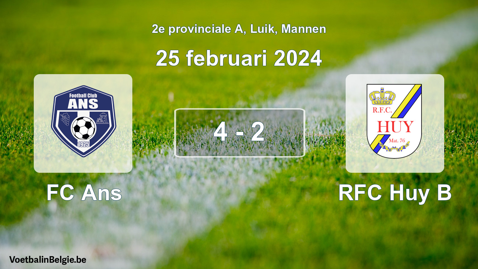 Gespeelde wedstrijd mannenvoetbal: FC Ans - RFC Huy B 4 - 2 (25 februari 2024)