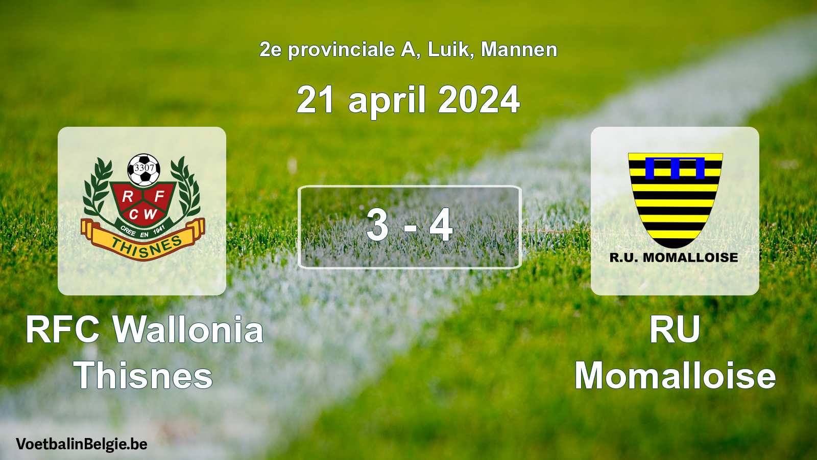 Gespeelde wedstrijd mannenvoetbal: RFC Wallonia Thisnes - RU Momalloise 3 - 4 (21 april 2024)
