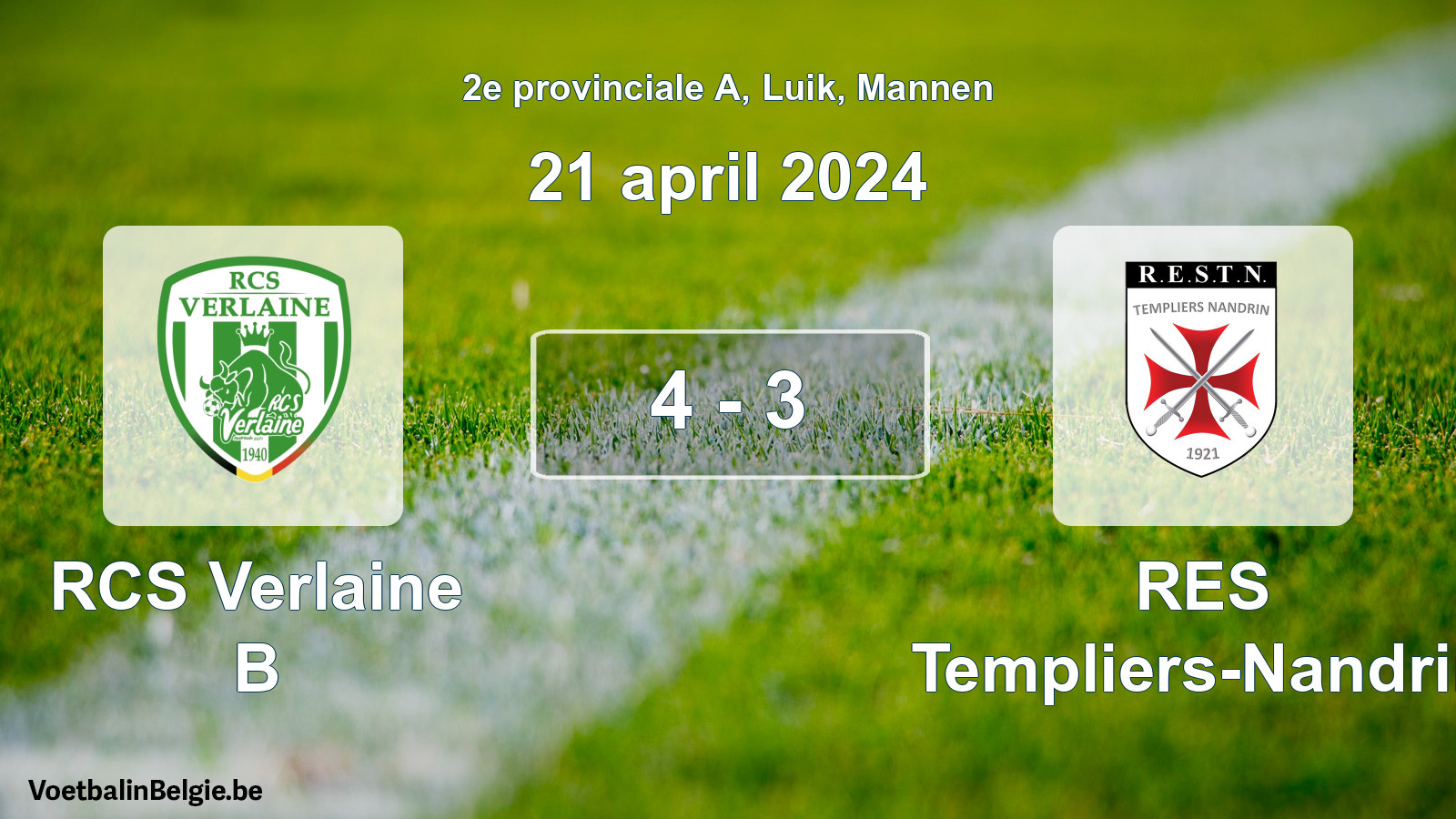 Gespeelde wedstrijd mannenvoetbal: RCS Verlaine B - RES Templiers-Nandrin 4 - 3 (21 april 2024)