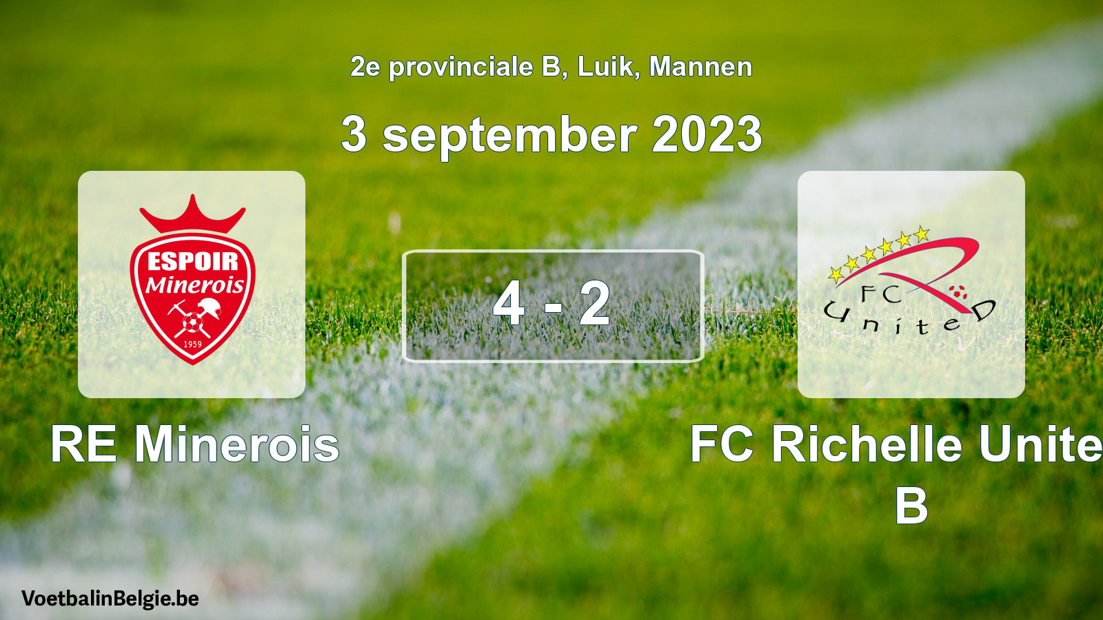Gespeelde wedstrijd mannenvoetbal: RE Minerois - FC Richelle United B 4 - 2 (3 september 2023)