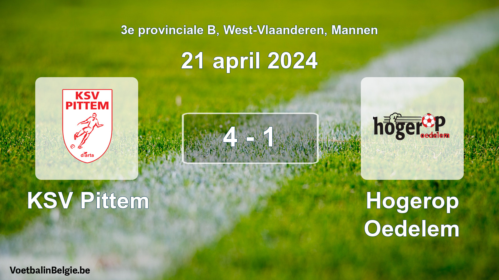 Gespeelde wedstrijd mannenvoetbal: KSV Pittem - Hogerop Oedelem 4 - 1 (21 april 2024)