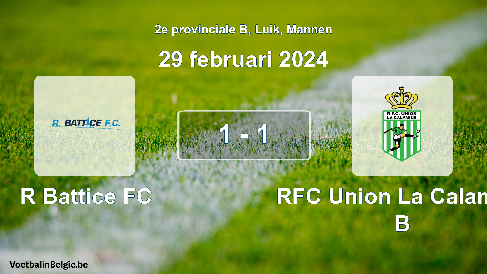 Gespeelde wedstrijd mannenvoetbal: R Battice FC - RFC Union La Calamine B 1 - 1 (29 februari 2024)
