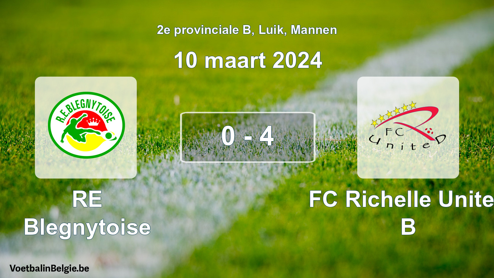 Gespeelde wedstrijd mannenvoetbal: RE Blegnytoise - FC Richelle United B 0 - 4 (10 maart 2024)