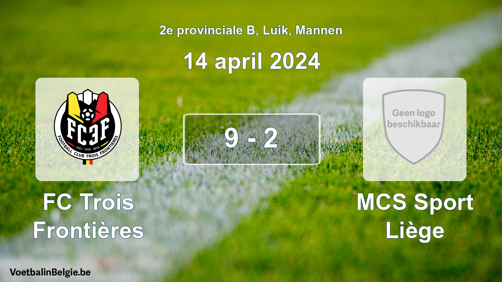 Gespeelde wedstrijd mannenvoetbal: FC Trois Frontières - MCS Sport Liège 9 - 2 (14 april 2024)