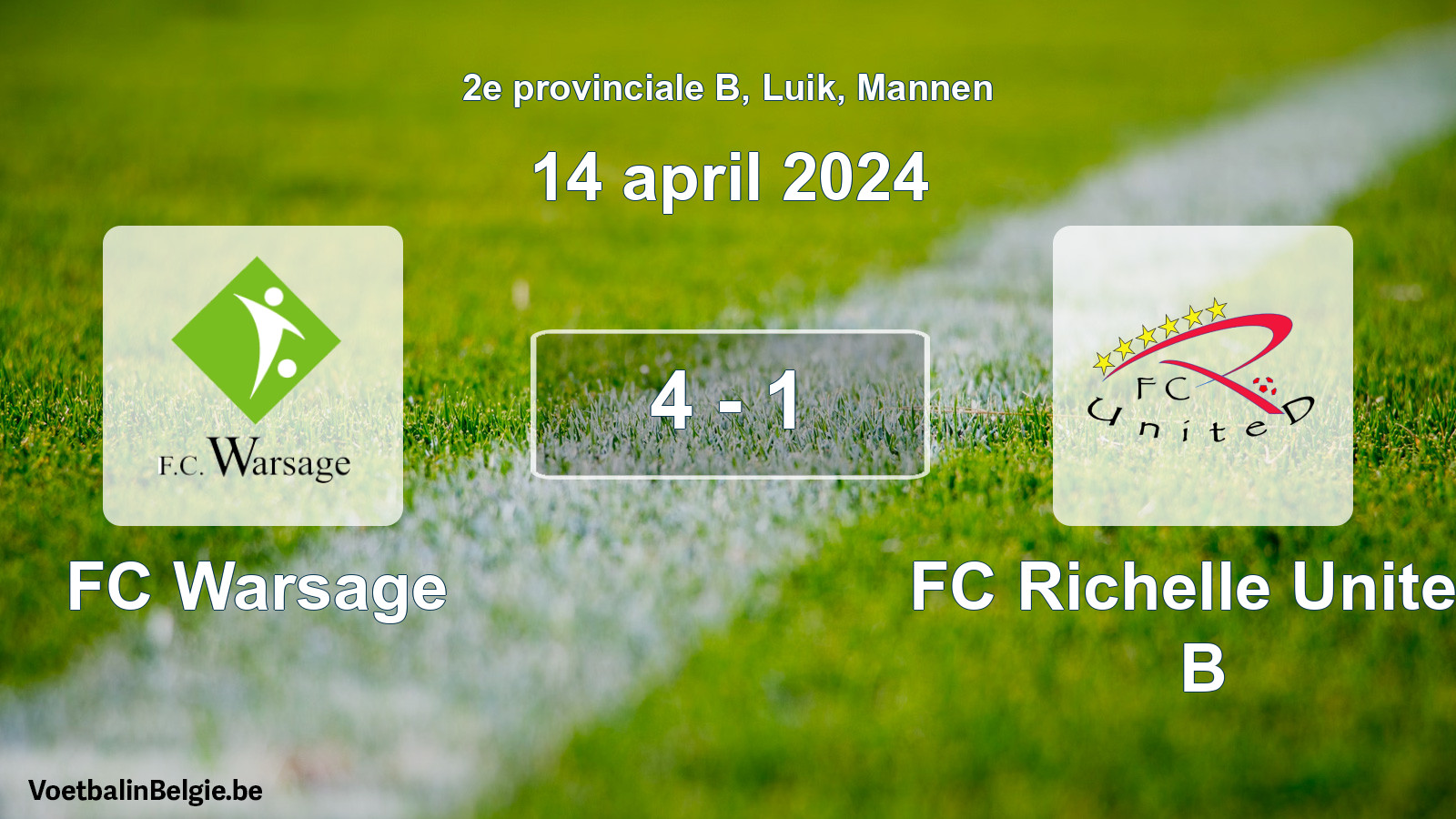 Gespeelde wedstrijd mannenvoetbal: FC Warsage - FC Richelle United B 4 - 1 (14 april 2024)