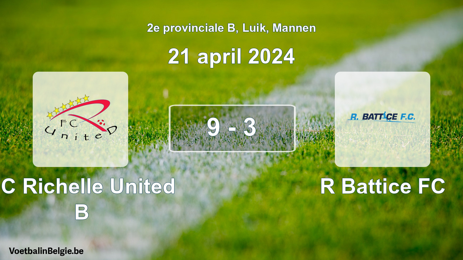 Gespeelde wedstrijd mannenvoetbal: FC Richelle United B - R Battice FC 9 - 3 (21 april 2024)