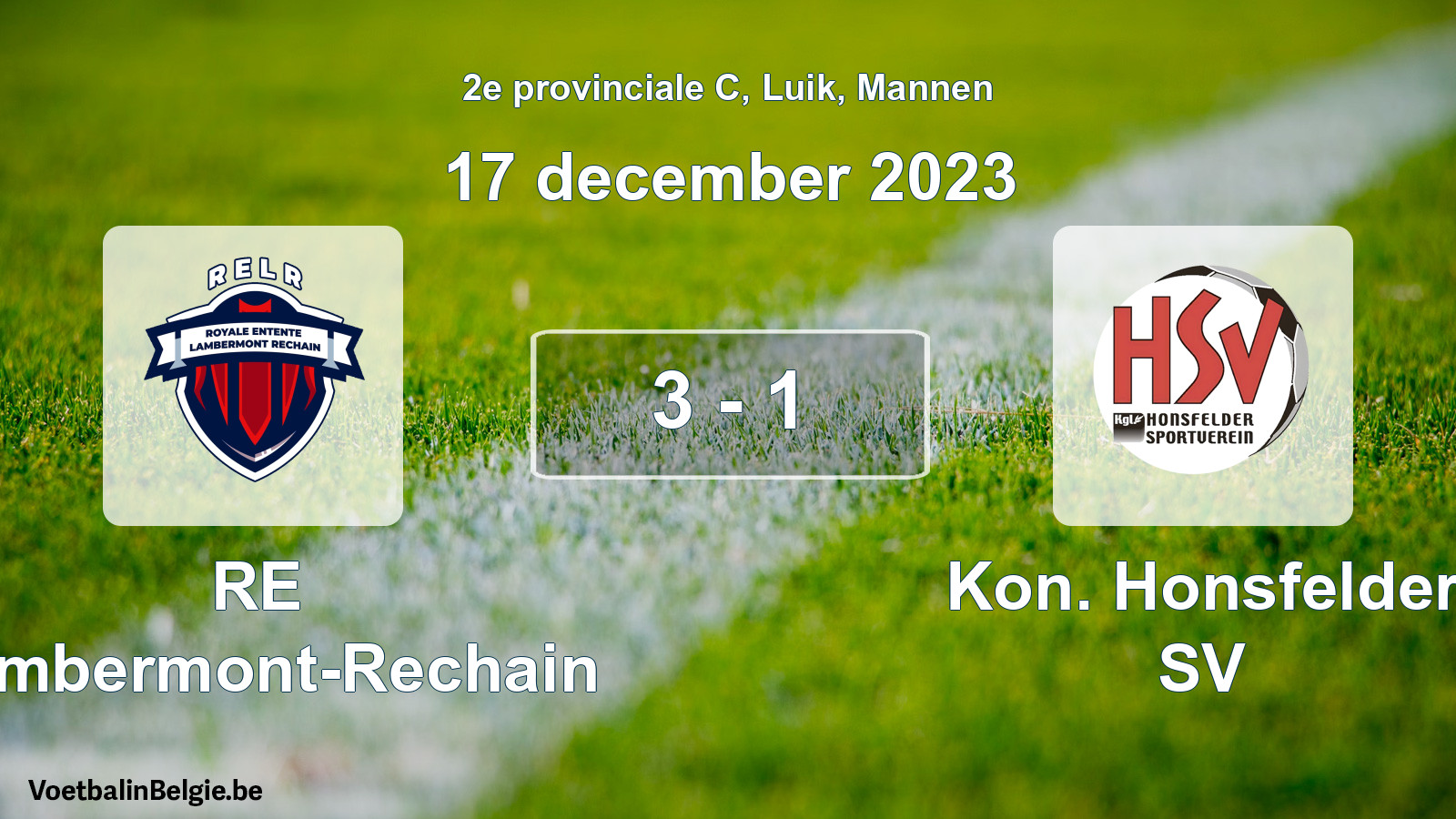 Gespeelde wedstrijd mannenvoetbal: RE Lambermont-Rechain - Kon. Honsfelder SV 3 - 1 (17 december 2023)