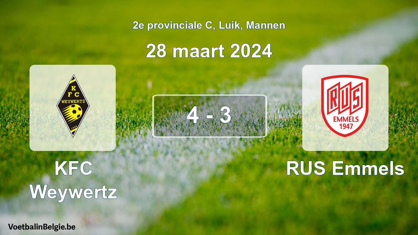 Gespeelde wedstrijd mannenvoetbal: KFC Weywertz - RUS Emmels 4 - 3 (28 maart 2024)