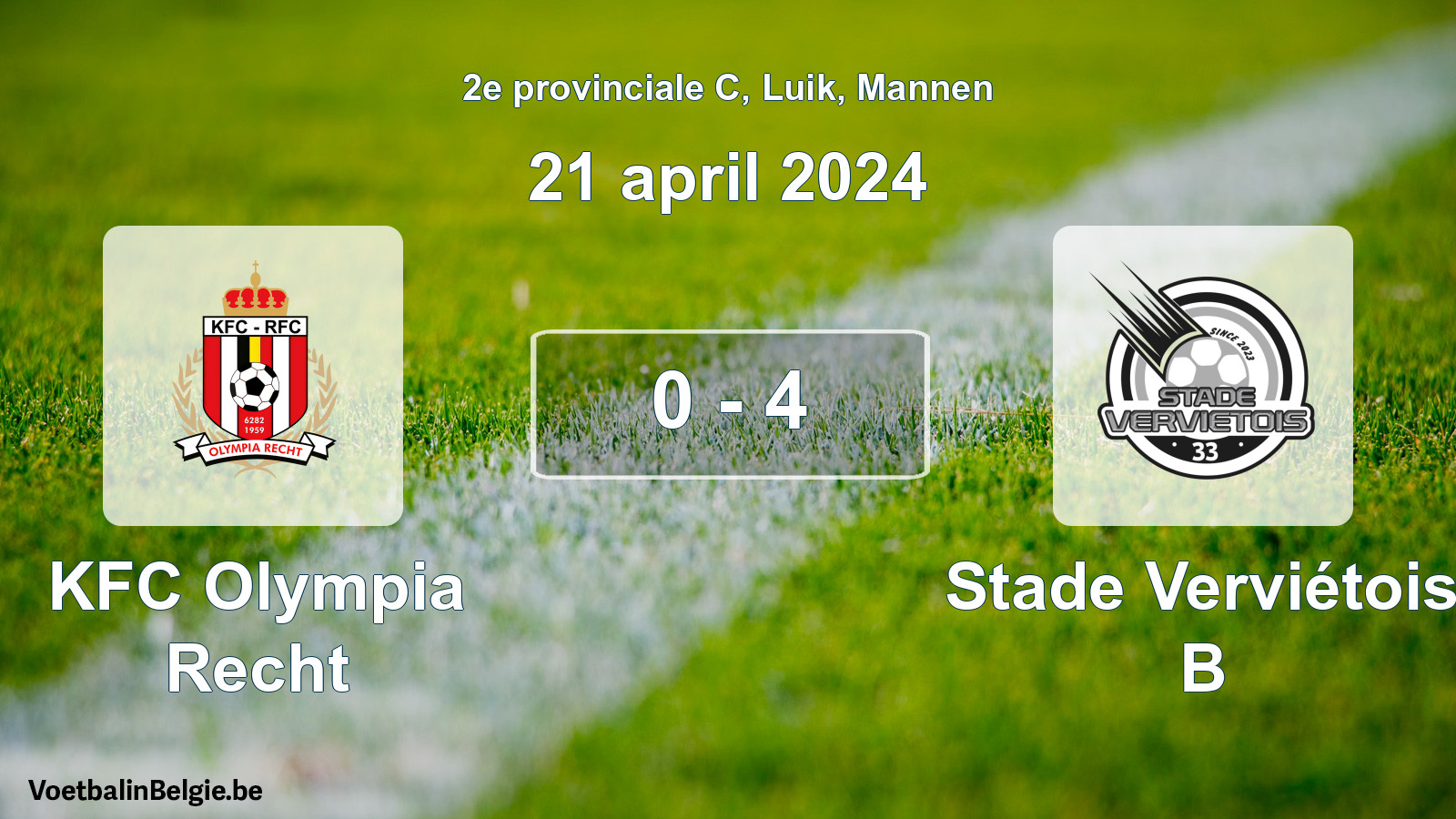 Gespeelde wedstrijd mannenvoetbal: KFC Olympia Recht - Stade Verviétois B 0 - 4 (21 april 2024)