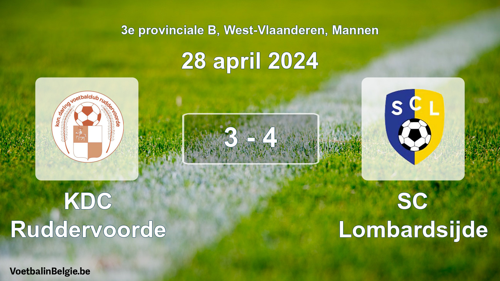 Gespeelde wedstrijd mannenvoetbal: KDC Ruddervoorde - SC Lombardsijde 3 - 4 (28 april 2024)