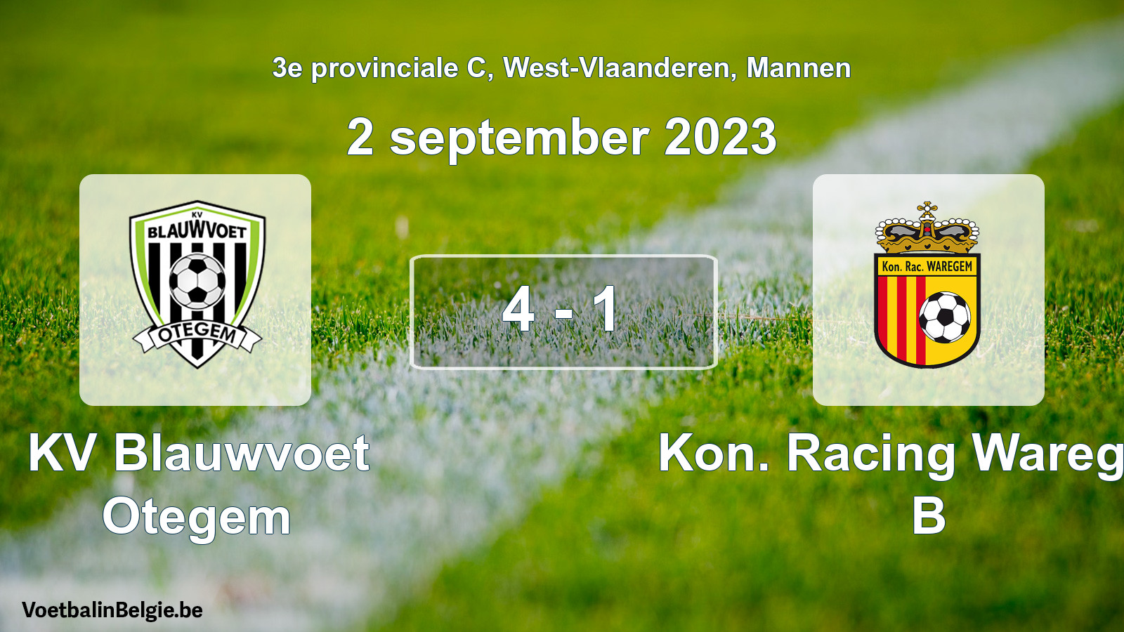 Gespeelde wedstrijd mannenvoetbal: KV Blauwvoet Otegem - Kon. Racing Waregem B 4 - 1 (2 september 2023)