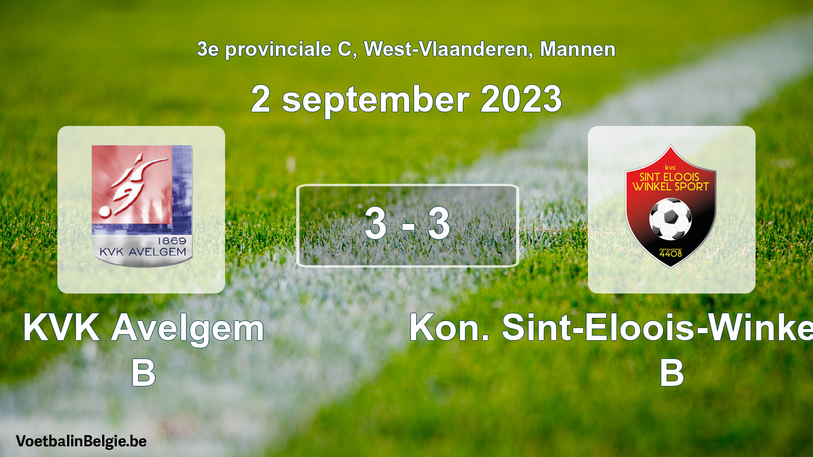 Gespeelde wedstrijd mannenvoetbal: KVK Avelgem B - Kon. Sint-Eloois-Winkel Sport B 3 - 3 (2 september 2023)