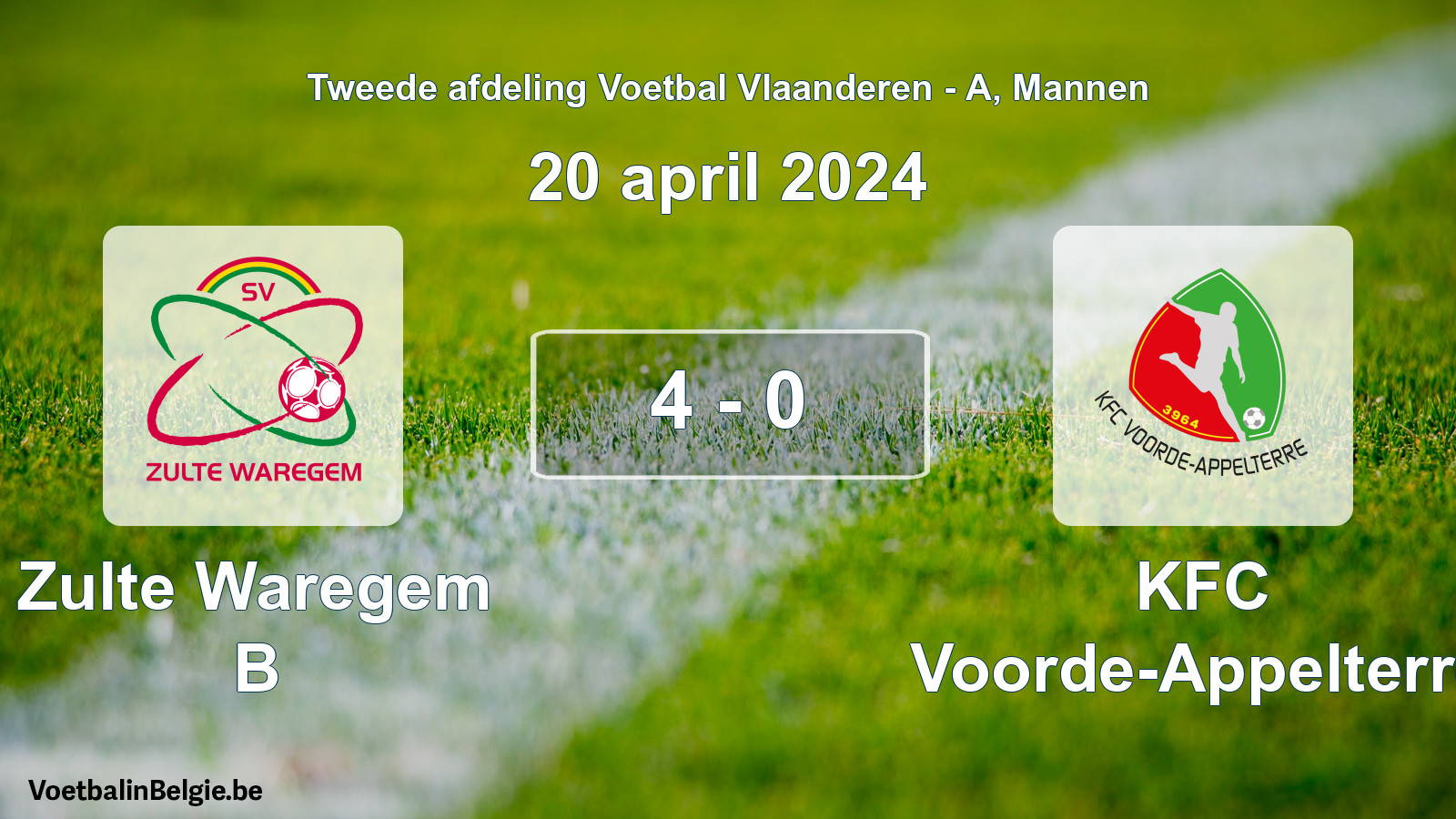 Gespeelde wedstrijd mannenvoetbal: Zulte Waregem B - KFC Voorde-Appelterre 4 - 0 (20 april 2024)