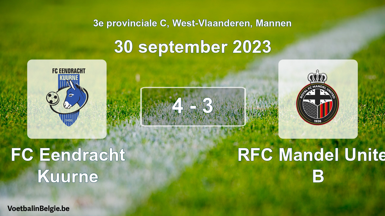 Gespeelde wedstrijd mannenvoetbal: FC Eendracht Kuurne - RFC Mandel United B 4 - 3 (30 september 2023)