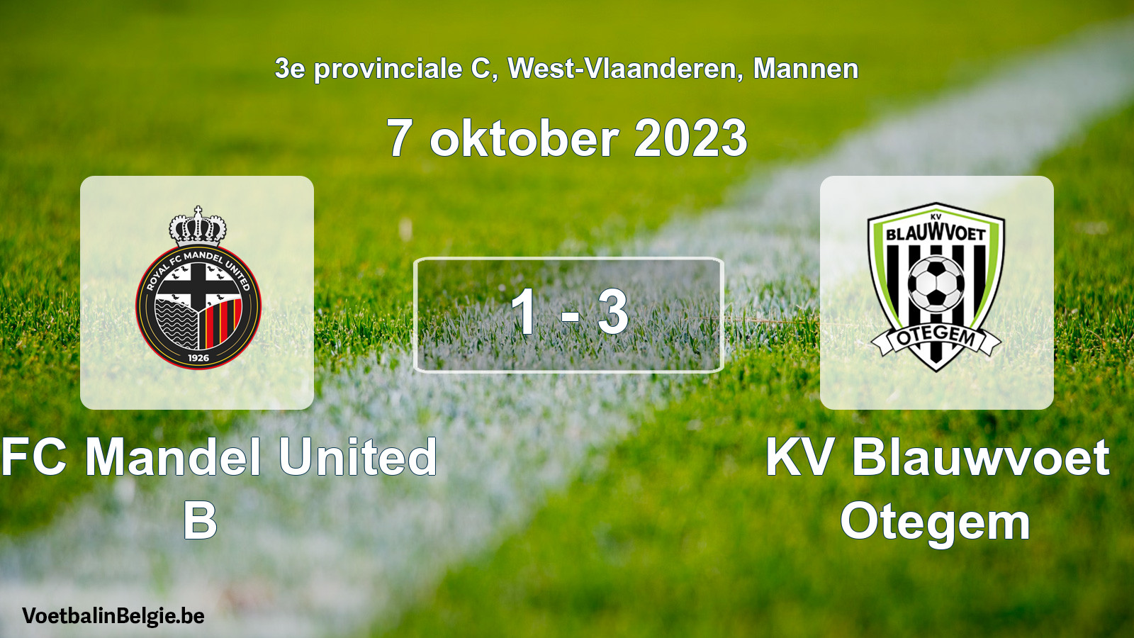 Gespeelde wedstrijd mannenvoetbal: RFC Mandel United B - KV Blauwvoet Otegem 1 - 3 (7 oktober 2023)