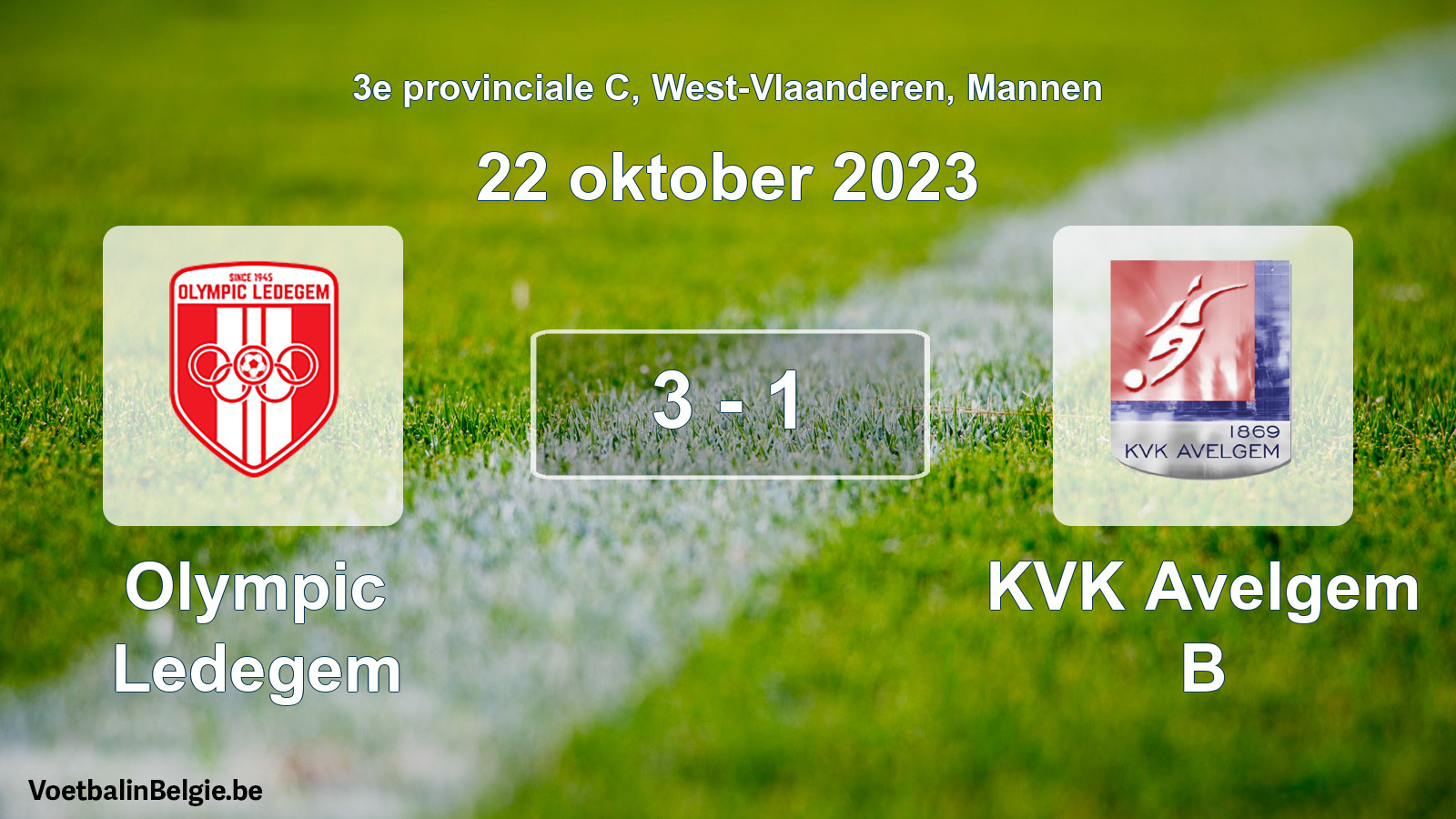 Gespeelde wedstrijd mannenvoetbal: Olympic Ledegem - KVK Avelgem B 3 - 1 (22 oktober 2023)