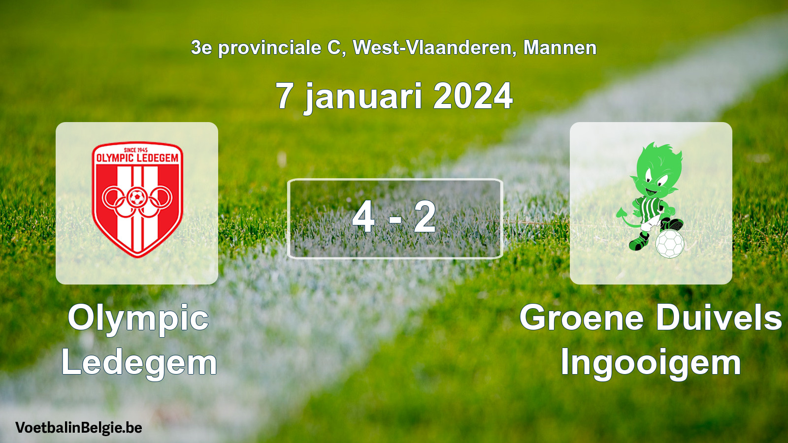 Gespeelde wedstrijd mannenvoetbal: Olympic Ledegem - Groene Duivels Ingooigem 4 - 2 (7 januari 2024)