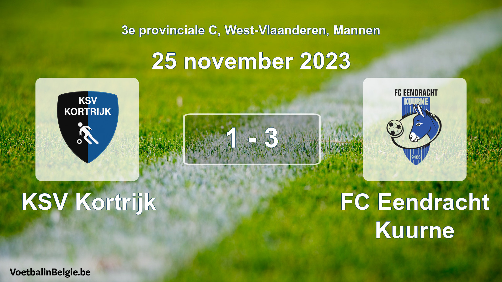 Gespeelde wedstrijd mannenvoetbal: KSV Kortrijk - FC Eendracht Kuurne 1 - 3 (25 november 2023)