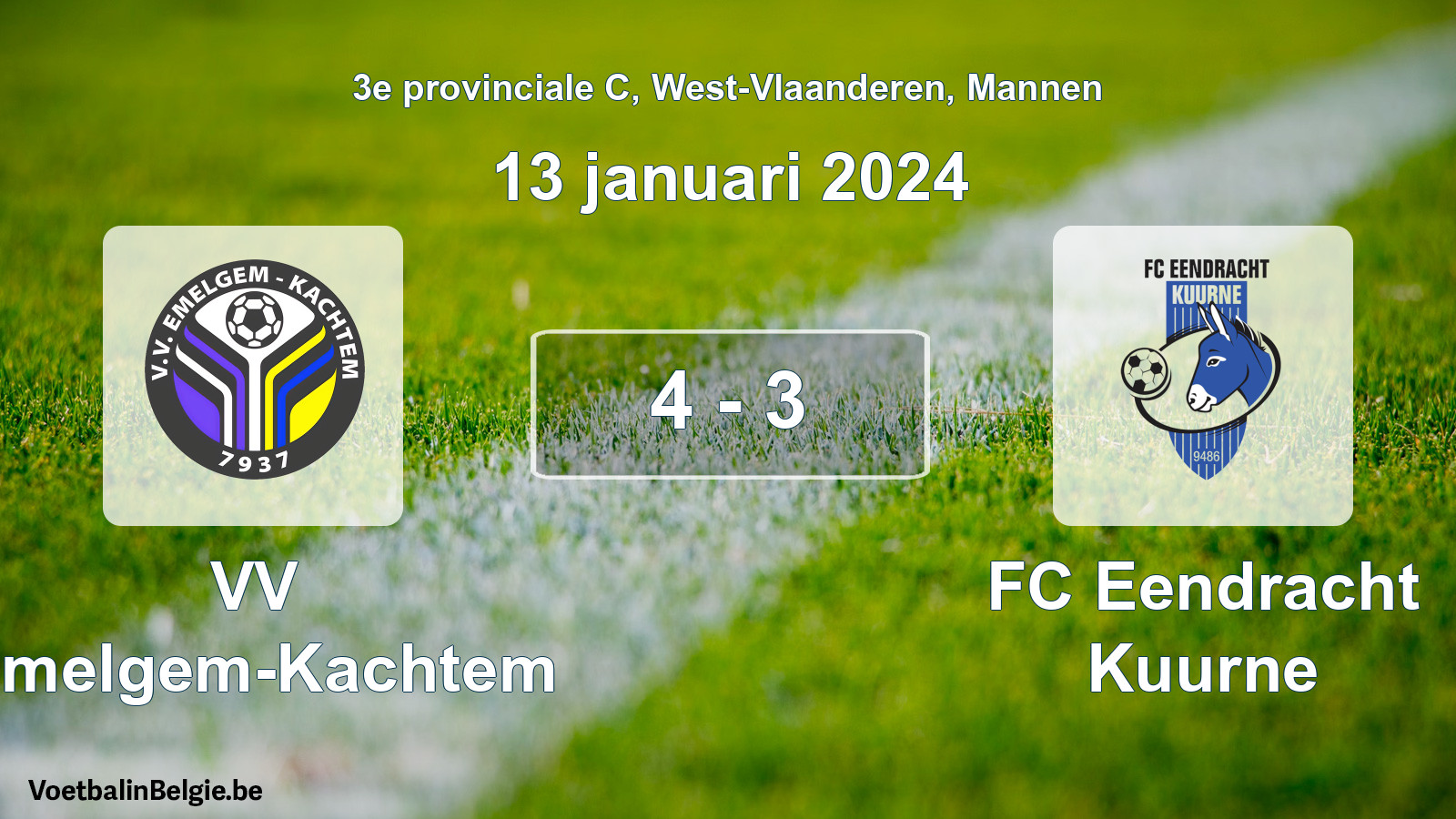 Gespeelde wedstrijd mannenvoetbal: VV Emelgem-Kachtem - FC Eendracht Kuurne 4 - 3 (13 januari 2024)