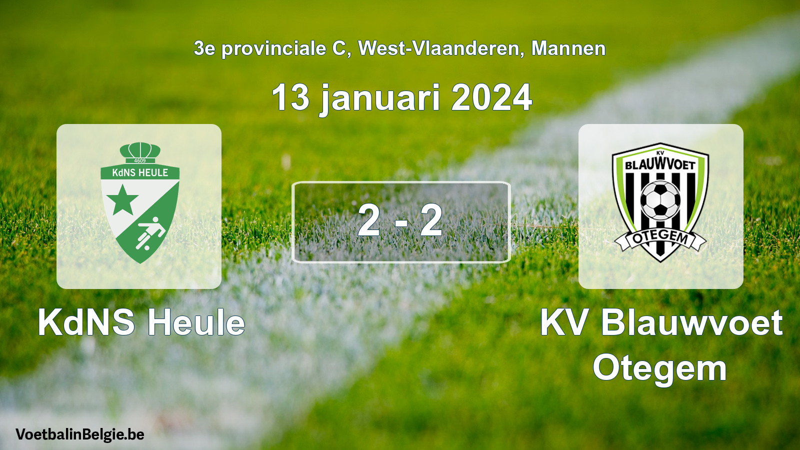 Gespeelde wedstrijd mannenvoetbal: KdNS Heule - KV Blauwvoet Otegem 2 - 2 (13 januari 2024)