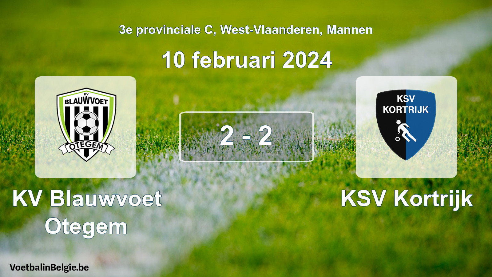 Gespeelde wedstrijd mannenvoetbal: KV Blauwvoet Otegem - KSV Kortrijk 2 - 2 (10 februari 2024)
