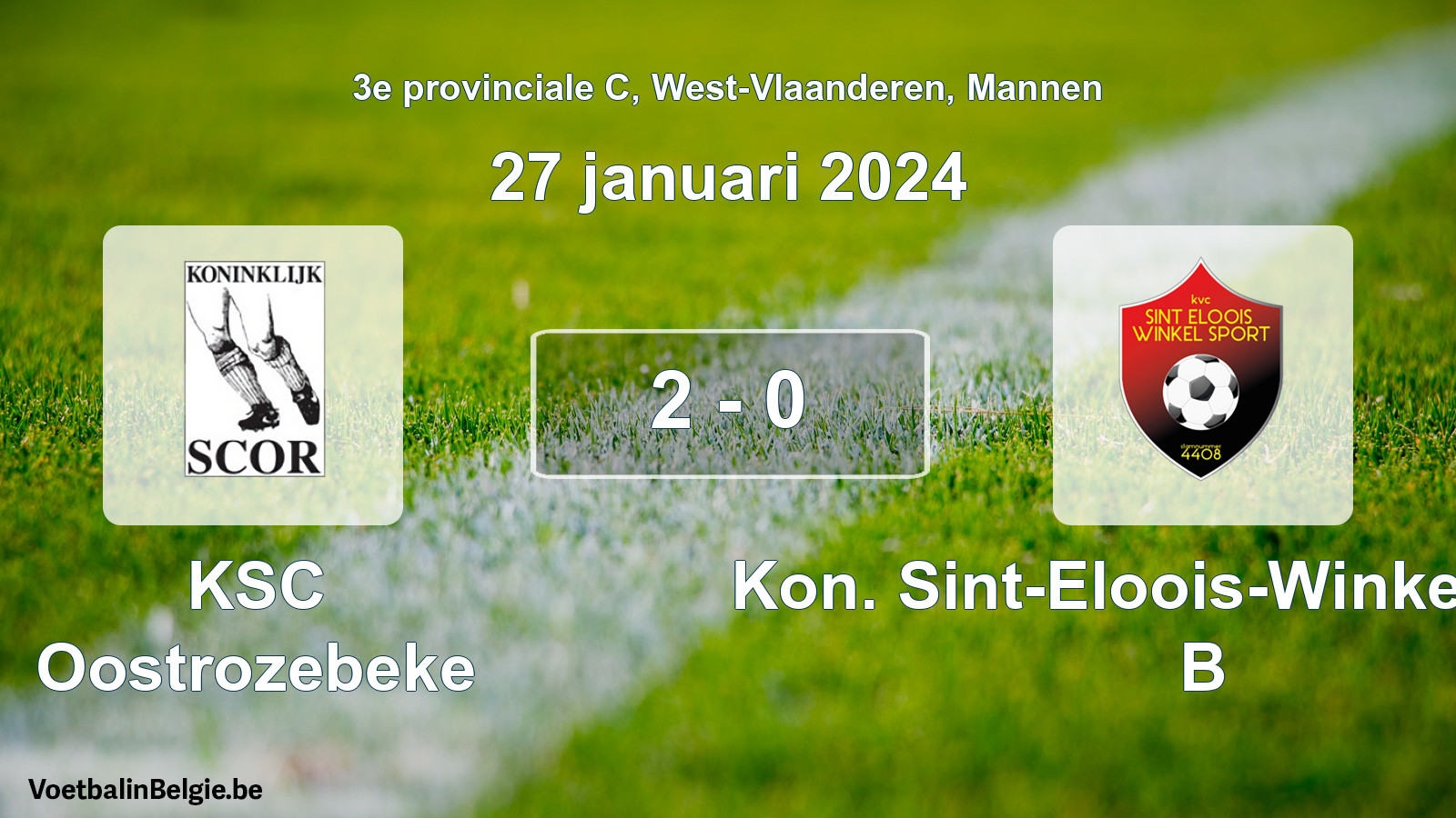 Gespeelde wedstrijd mannenvoetbal: KSC Oostrozebeke - Kon. Sint-Eloois-Winkel Sport B 2 - 0 (27 januari 2024)