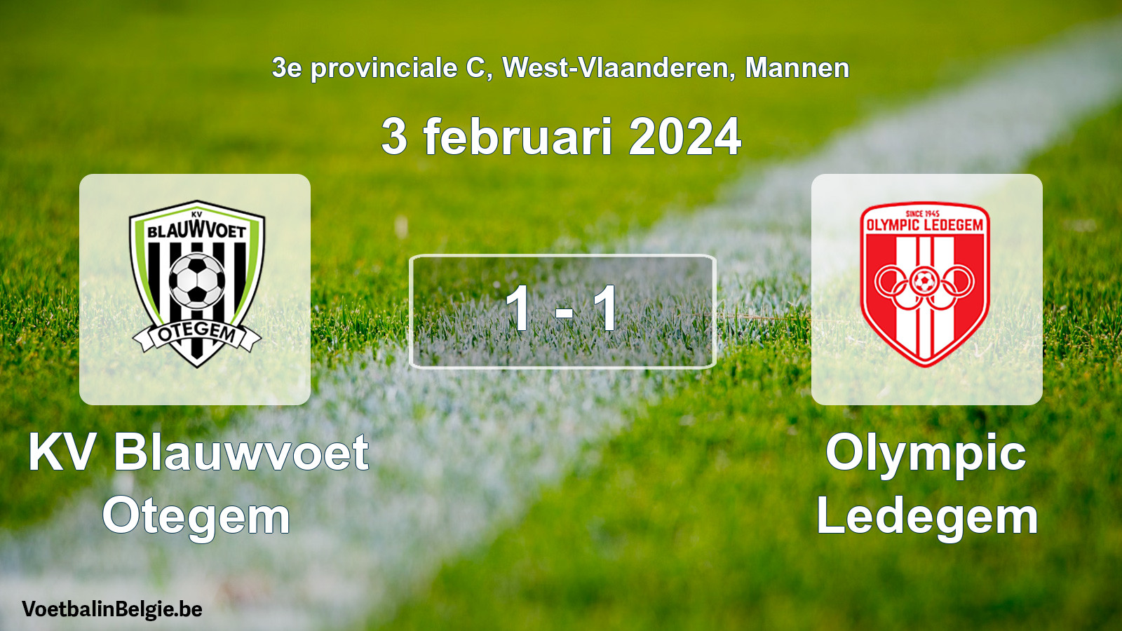 Gespeelde wedstrijd mannenvoetbal: KV Blauwvoet Otegem - Olympic Ledegem 1 - 1 (3 februari 2024)