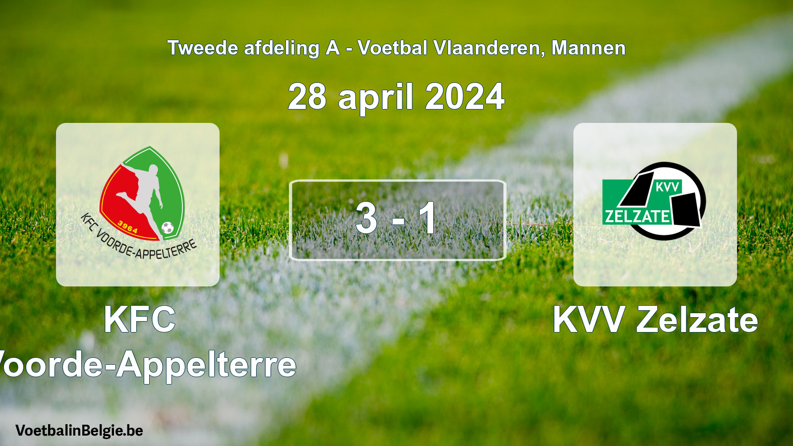 Played match men football: KFC Voorde-Appelterre - KVV Zelzate 3 - 1 (28 April 2024)